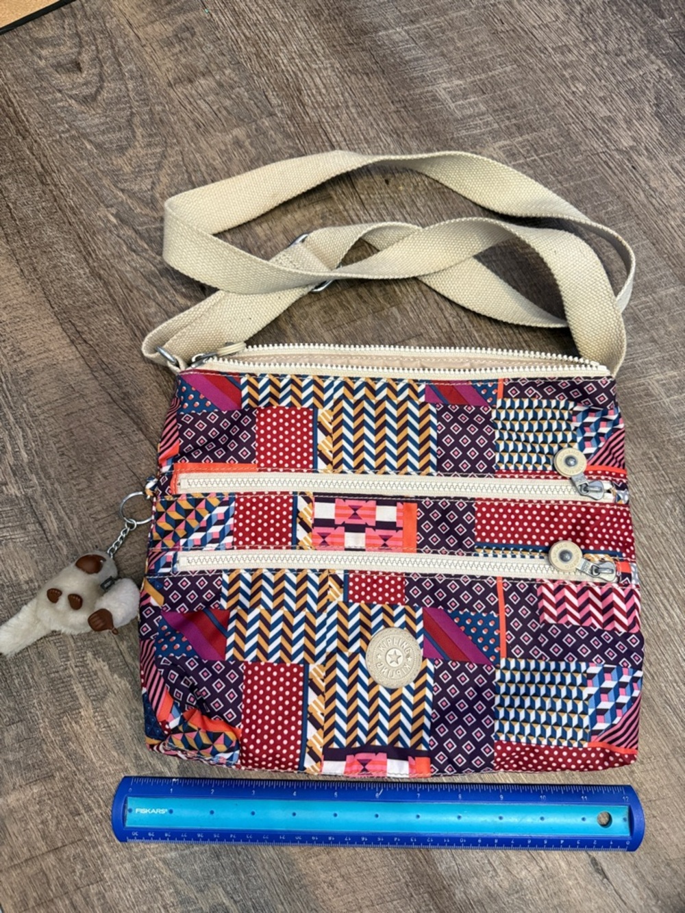 Kipling Multicolor Patchwork Crossbody Bag with Cream Strap